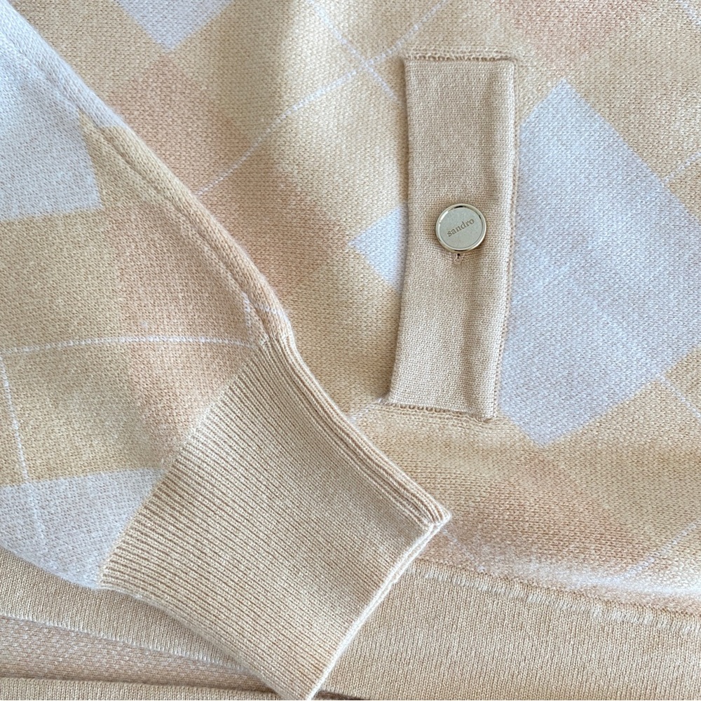 Sandro Argyle Jacquard Cardigan  Tan/White/Cream - Picture 14 of 16